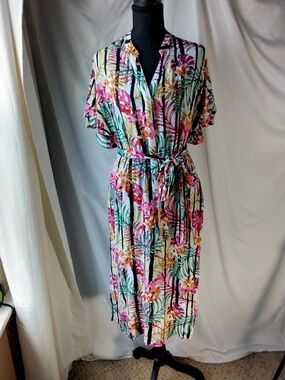 Nine West Tropical Floral Belted Midi Dress in White, Pink, Green